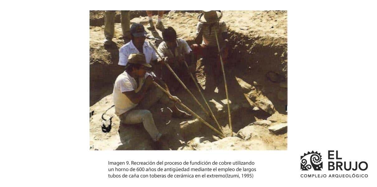 Imagen 9. Recreación del proceso de fundición de cobre utilizando un horno de 600 años de antigüedad mediante el empleo de largos tubos de caña con toberas de cerámica en el extremo (Izumi, 1995) Imagen 9. Recreación del proceso de fundición de cobre utilizando un horno de 600 años de antigüedad mediante el empleo de largos tubos de caña con toberas de cerámica en el extremo (Izumi, 1995)